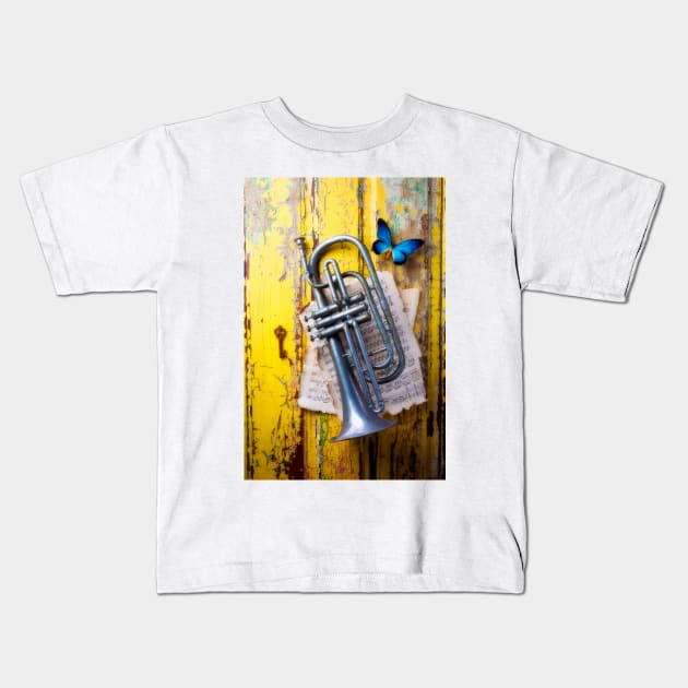 Trumpet And Blue Butterfly Kids T-Shirt by photogarry